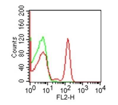 Flow (Cell Surface): CD4 Antibody (RPA-T4) - Azide Free [NBP2-27216] - Analysis using the PE conjugate of NBP2-27216. Staining of CD4 in 1x10^6 human PBMC using 10 ul (0.1 ug) of this antibody. Green represents isotype control; red represents anti-CD4 antibody.