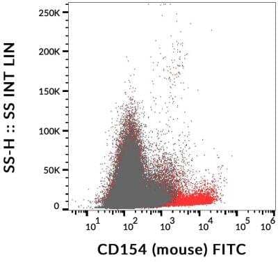 Flow Cytometry: CD40 Ligand/TNFSF5 Antibody (MR-1) [NBP1-47234] - Surface staining of activated murine splenocytes (PHA + PMA + ionomycin for 6 hours) using anti-CD154 (MR-1) FITC.