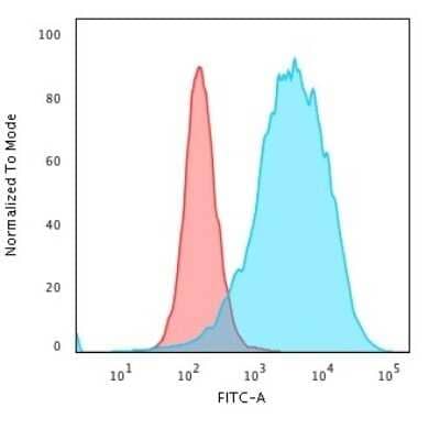 Flow Cytometry: CD43/Sialophorin Antibody (SPN/2049R) - Azide and BSA Free [NBP3-08244] - Flow Cytometric Analysis of PFA-fixed K562 cells using CD43/Sialophorin Rabbit Recombinant Monoclonal Antibody (SPN/2049R) followed by Goat anti-rabbit IgG-CF488 (Blue); Isotype Control (Red)