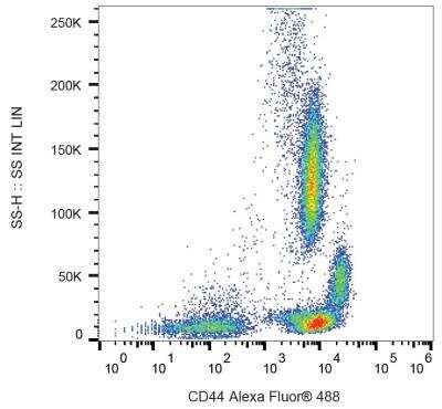 Flow Cytometry: CD44 Antibody (MEM-85) [Biotin] [NB500-634] -  Staining of human peripheral blood leukocytes with anti-human CD44 (MEM-85) Alexa Fluor® 488. 