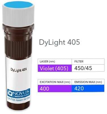 Product Image: CD45 Antibody (30-F11) [DyLight 405] [NB100-77417V] - Vial of DyLight 405 conjugated antibody. DyLight 405 is optimally excited at 401 nm by the Violet laser (405 nm) and has an emission maximum of 421 nm.