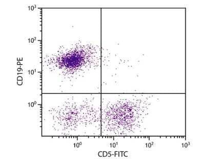 Flow Cytometry: CD5 Antibody (4H8E5) [Allophycocyanin] [NBP1-26707] - BALB/c mouse splenocytes were stained with Rat Anti-Mouse CD5-FITC (NBP1-26704) and Rat Anti-Mouse CD19-PE (NBP1-27894).