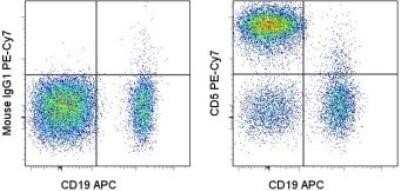 Flow Cytometry: CD5 Antibody (UCHT2) [NBP1-43452] - Analysis using the PE/Cy7 conjugate of NBP1-43452. Staining of normal human peripheral blood cells with Anti-Human CD19 APC and Mouse IgG1 k Isotype Control PE-Cy7 (cat. 25-4714) (left) or Anti-Human CD5 PE-Cy7 (right).