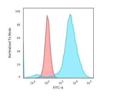 Flow Cytometry: CD55/DAF Antibody (143-30) - Azide and BSA Free [NBP2-47964] - Flow Cytometric Analysis of paraformaldehyde-fixed HeLa cells with CD55/DAF Antibody (143-30) followed by goat anti-Mouse IgG-CF488 (Blue) Isotype Control (Red)