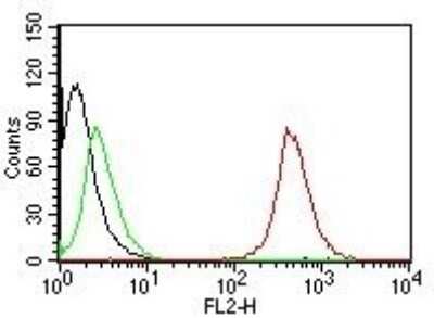 Flow Cytometry: CD63 Antibody (NKI/C3) - Azide and BSA Free [NBP2-34694] - Flow Cytometric staining of human CD63 on MCF-7 cells. Black: cells alone; Green: Isotype Control; Red: CF488-labeled CD63 Monoclonal Antibody (NKI/C3).