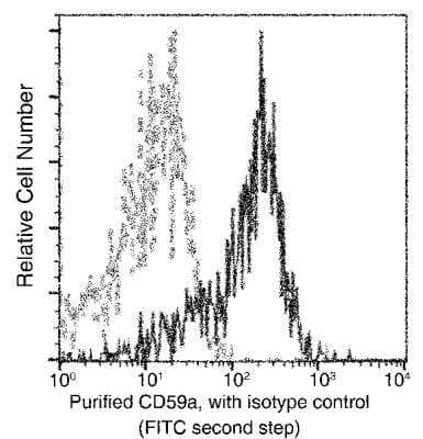 Flow Cytometry: CD72 Antibody (133) [NBP3-06097] - Flow cytometric analysis of Mouse CD59a expression on BABLc bone marrow erythroid cells. Cells were stained with purified anti-Mouse CD59a, then a FITC-conjugated second step antibody. The fluorescence histograms were derived from gated events with the forward and side light-scatter characteristics of erythroid cells.