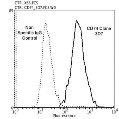 Flow Cytometry: CD74 Antibody (3D7) [NBP2-59697] - Flow Cytometry analysis using Mouse Anti-CD74 Monoclonal Antibody, Clone 3D7 (NBP2-59697). Tissue: Neuroblastoma cells (SH-SY5Y). Species: Human. Fixation: 90% Methanol. Primary Antibody: Mouse Anti-CD74 Monoclonal Antibody (NBP2-59697) at 1:100 for 30 min on ice. Secondary Antibody: Goat Anti-Mouse: PE at 1:100 for 20 min at RT. Isotype Control: Non Specific IgG. Cells were subject to heat shock at 42C for 2 hours and transferred to CO2 incubator at 37C for 1 hour before trypsinization.