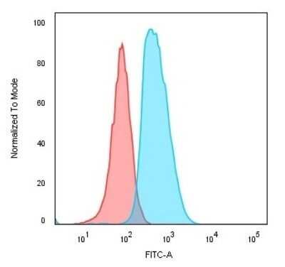 Flow Cytometry: CD74 Antibody (SPM523) - Azide and BSA Free [NBP2-34778] - Flow Cytometric Analysis of Human Raji cells using CD74 Antibody (SPM523) followed by Goat anti-Mouse IgG-CF488 (Blue). Isotype Control (Red).