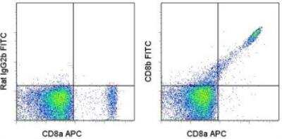 Flow Cytometry: CD8 beta Antibody (H35-17.2) [FITC] [NBP1-44038] - Staining of BALB/c splenocytes with Anti-Mouse CD8a APC  and 0.125 ug of Rat IgG2b k Isotype Control FITC (left) or 0.125 ug of Anti-Mouse CD8b FITC (right). Cells in the lymphocyte gate were used for analysis
