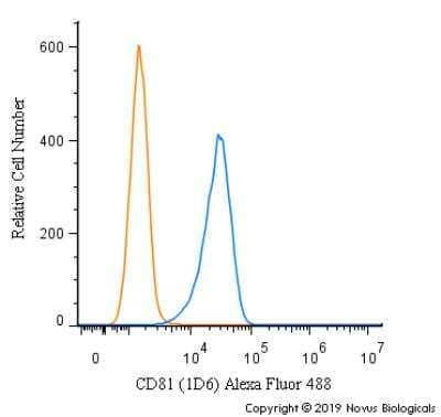 Flow Cytometry: CD81 Antibody (1D6) [Alexa Fluor® 488] [NB100-65805AF488] - A surface stain was performed on Jurkat cells with CD81 Antibody [1D6] NB100-65805AF488 (blue) and a matched isotype control (orange).  Cells were incubated in an antibody dilution of 5 ug/mL for 20 minutes at room temperature. Both antibodies were conjugated to Alexa Fluor 488.