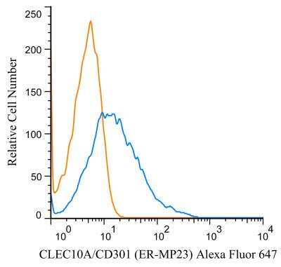 Flow Cytometry: CLEC10A/CD301 Antibody (ER-MP23) [Alexa Fluor (R) 647] [NB100-64874AF647] - A surface stain was performed on RAW 246.7 cells with CLEC10A/CD301 antibody (ER-MP23) NB100-64874AF647 (blue) and a matched isotype control (orange). Cells were incubated in an antibody dilution of 2 ug/mL for 20 minutes at room temperature. Both antibodies were conjugated to Alexa Fluor 647.