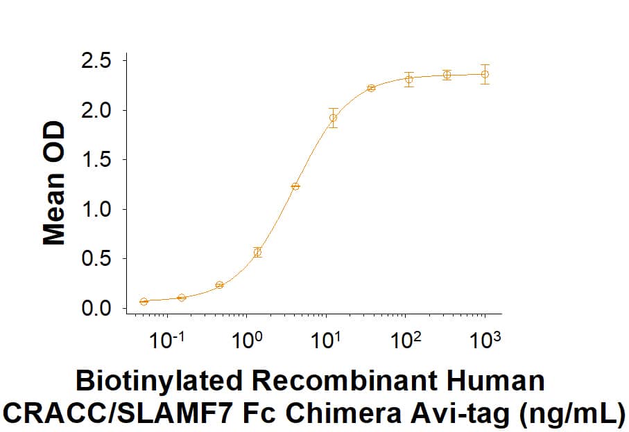 When Human CRACC/SLAMF7 Antibody (MAB1906) is immobilized at 1.00 µg/mL (100 µL/well), the concentration of Biotinylated Recombinant Human CRACC/SLAMF7 Fc Chimera Avi-tag (Catalog # AVI1906) that produces 50% optimal binding response is 1.00-10.0 ng/mL.
