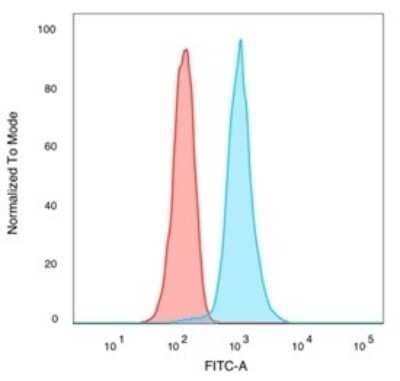 Flow Cytometry: CREB5 Antibody (PCRP-CREB5-1G8) [NBP3-13818] - Flow cytometric analysis of PFA-fixed K562 cells. CREB5 antibody (PCRP-CREB5-1G8) followed by goat anti-mouse IgG-CF488 (blue); unstained cells (red).