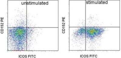 Flow Cytometry: CTLA-4 Antibody (WKH203) [PE] [NB100-63254PE] - Staining of unstimulated (left) and 3-day ConA-stimulated (right) rat splenocytes with Anti-Mouse/Rat CD278 (ICOS) FITC and 0.5 ug of Anti-Rat CD152 (CTLA-4) PE. Total viable cells were used for analysis.