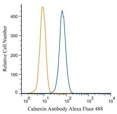 Flow Cytometry: Calnexin Antibody [Alexa Fluor (R) 488] [NB100-1974AF488] - An intracellular stain was performed on HeLa cells with Calnexin antibody NB100-1974AF488 (blue) and a matched isotype control NBP2-24893AF488 (orange). Cells were fixed with 4% PFA and then permeablized with 0.1% saponin. Cells were incubated in an antibody dilution of 5 ug/mL for 30 minutes at room temperature. Both antibodies were conjugated to Alexa Fluor 488.