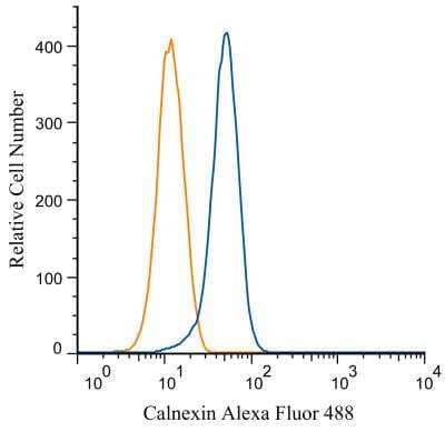 Flow Cytometry: Calnexin Antibody [Alexa Fluor (R) 488] [NB100-1974AF488] - An intracellular stain was performed on Jurkat cells with Calnexin antibody NB100-1974AF488 (blue) and a matched isotype control NBP2-24893AF488 (orange). Cells were fixed with 4% PFA and then permeablized with 0.1% saponin. Cells were incubated in an antibody dilution of 5 ug/mL for 30 minutes at room temperature. Both antibodies were conjugated to Alexa Fluor 488.