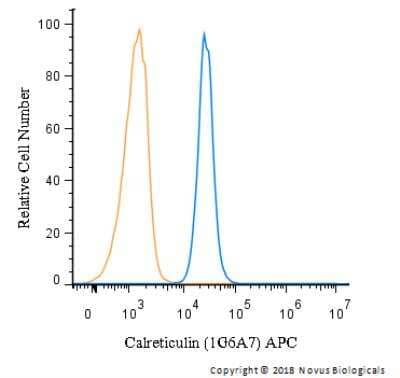 Flow Cytometry: Calreticulin Antibody (1G6A7) [Allophycocyanin] [NBP1-47518APC] - n intracellular stain was performed on U-937 cells with Calreticulin Antibody (1G6A7) NBP1-47518F (blue) and a matched isotype control (orange). Cells were fixed with 4% PFA and then permeabilized with 0.1% saponin. Cells were incubated in an antibody dilution of 5 ug/mL for 30 minutes at room temperature. Both antibodies were conjugated to APC.