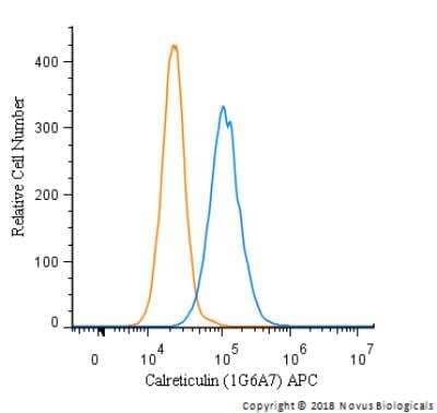 Flow Cytometry: Calreticulin Antibody (1G6A7) [Allophycocyanin] [NBP1-47518APC] - An intracellular stain was performed on HeLa cells with Calreticulin Antibody [1G6A7] NBP1-47518APC (blue) and a matched isotype control (orange). Cells were fixed with 4% PFA and then permeabilized with 0.1% saponin. Cells were incubated in an antibody dilution of 1 ug/mL for 30 minutes at room temperature. Both antibodies were conjugated to Allophycocyanin.