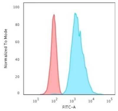 Flow Cytometry: Cytokeratin 8 Antibody (H1) - Azide and BSA Free [NBP2-34626] - Flow Cytometric Analysis of HeLa cells using Cytokeratin 8 Antibody (H1) followed by Goat anti-Mouse IgG-CF488 (Blue); Isotype Control (Red).