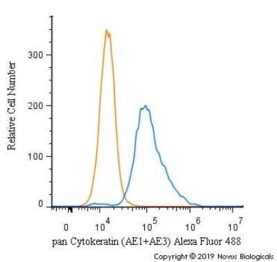 An intracellular stain was performed on HeLa cells with pan Cytokeratin [AE1 + AE3] Antibody NBP2-33200AF488 (blue) and a matched isotype control (orange). Cells were fixed with 4% PFA and then permeabilized with 0.1% saponin. Cells were incubated in an antibody dilution of 5 ug/mL for 30 minutes at room temperature. Both antibodies were conjugated to Alexa Fluor 488.