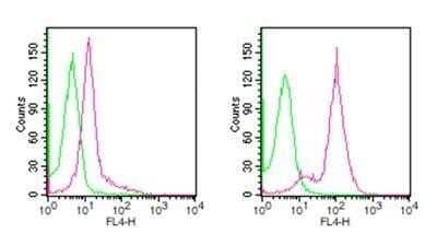 Flow (Intracellular): D4-GDI/RhoGDI2 Antibody (97A1015) - (cleavage specific) [NB100-56725] - Intracellular analysis of cleaved D4-GDI in 10^6 untreated (left) and 3 hour staurosporine-treated (right) Jurkat cells using 0.5 ug of this antibody was used for this test. Green histogram represents isotype control; red represents anti-D4-GDI antibody. Image using the Alexa Fluor 647 format of this antibody.