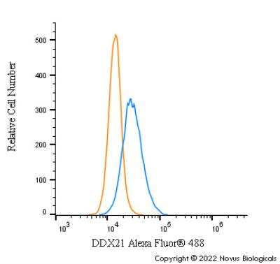 Flow Cytometry: DDX21 Antibody [Alexa Fluor® 488] [NB100-1718AF488] - An intracellular stain was performed on HeLa cells with DDX21 Antibody NB100-1718AF488 (blue) and a matched isotype control (orange). Cells were fixed with 4% PFA and then permeabilized with 0.1% saponin. Cells were incubated in an antibody dilution of 5 ug/mL for 30 minutes at room temperature. Both antibodies were conjugated to Alexa Fluor 488.