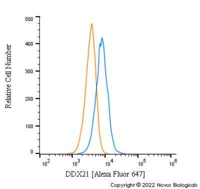 Flow Cytometry: DDX21 Antibody [Alexa Fluor® 647] [NB100-1718AF647] - An intracellular stain was performed on A431 cells with DDX21 NB100-1718AF647 (blue) and a matched isotype control NBP2-24891 (orange). Cells were fixed with 4% PFA and then permeabilized with 0.1% saponin. Cells were incubated in an antibody dilution of 2.5 ug/mL for 30 minutes at room temperature.  Both antibodies were conjugated to Alexa Fluor 647.