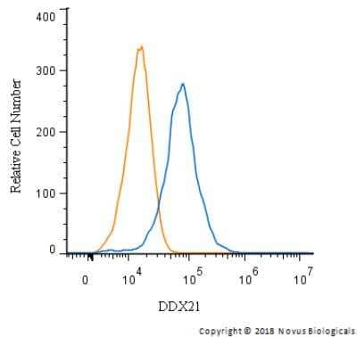 Flow Cytometry: DDX21 Antibody [NB100-1718] - An intracellular stain was performed on Jurkat Cells with DDX21Antibody NB100-1718 and a matched isotype control. Cells were fixed with 4% PFA and then permeablized with 0.1% saponin. Cells were incubated in an antibody dilution of 2.5 ug/mL for 30 minutes at room temperature, followed by Rabbit IgG APC-conjugated Secondary Antibody (R&D Systems, F0111).