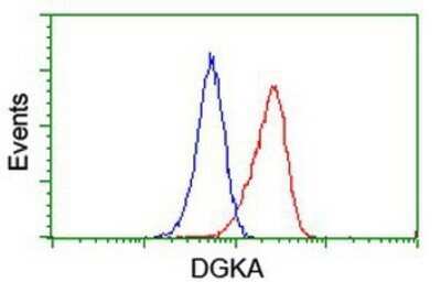 Flow Cytometry: DGK-alpha Antibody (OTI4A11) - Azide and BSA Free [NBP2-70547] - Analysis of Jurkat cells, using anti-DGKA antibody, (Red), compared to a nonspecific negative control antibody (Blue).