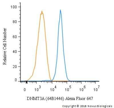 Flow Cytometry: DNMT3A Antibody (64B1446) [Alexa Fluor® 647] [NB120-13888AF647] - An intracellular stain was performed on HepG2 cells with DNMT3A (64B1446) NB120-13888AF647 (blue) and a matched isotype control (orange). Cells were fixed with 4% PFA and then permeablized with 0.1% saponin. Cells were incubated in an antibody dilution of 2.5 ug/mL for 30 minutes at room temperature. Both antibodies were conjugated to Alexa Fluor 647.