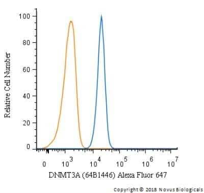 Flow Cytometry: DNMT3A Antibody (64B1446) - Azide and BSA Free [NBP2-80699] - An intracellular stain was performed on Jurkat cells with DNMT3A (64B1446) NB120-13888AF647 (blue) and a matched isotype control (orange). Cells were fixed with 4% PFA and then permeablized with 0.1% saponin. Cells were incubated in an antibody dilution of 2.5 ug/mL for 30 minutes at room temperature. Both antibodies were directly conjugated to Alexa Fluor 647.