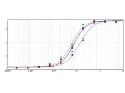 ELISA: Donkey anti-Mouse IgG (H+L) Secondary Antibody [Alkaline Phosphatase] (Pre-adsorbed) [NB120-7062] - ELISA results of purified Donkey anti-Mouse IgG (H+L) Secondary Antibody [Alkaline Phosphatase] (Pre-adsorbed) tested against purified Mouse IgG. (Blue Line). Each well was coated in duplicate with 1.0 ug of antigen.  The starting dilution of antibody was 5ug/ml and the X-axis represents the Log10 of a 3-fold dilution. This titration is a 4-parameter curve fit where the IC50 is defined as the titer of the antibody.  Assay performed using Blocking buffer