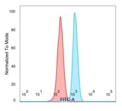 Flow Cytometry: E4F1 Antibody (PCRP-E4F1-2D1) [NBP3-08349] - Flow Cytometric Analysis of PFA-fixed HeLa cells. E4F1 Mouse Monoclonal Antibody (PCRP-E4F1-2D1) followed by goat anti- Mouse IgG-CF488 (blue); unstained cells (red).