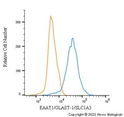 Flow Cytometry: EAAT1/GLAST-1/SLC1A3 Antibody - BSA Free [NB100-1869] - An intracellular stain was performed on rat FR cells with EAAT1/GLAST-1/SLC1A3 Antibody NB100-1869 (blue) and a matched isotype control NBP2-24891 (orange). Cells were fixed with 4% PFA and then permeabilized with 0.1% saponin. Cells were incubated in an antibody dilution of 1 ug/mL for 30 minutes at room temperature, followed by Rabbit IgG (H+L) Cross-Adsorbed Secondary Antibody, Dylight 550 (SA5-10033, Thermo Fisher).