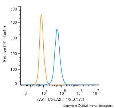 Flow Cytometry: EAAT1/GLAST-1/SLC1A3 Antibody [NB100-1869] - An intracellular stain was performed on Caco-2 cells with SLC1A3 Antibody NB100-1869 (blue) and a matched isotype control NBP2-24891 (orange). Cells were fixed with 4% PFA and then permeabilized with 0.1% saponin. Cells were incubated in an antibody dilution of 1.0 ug/mL for 30 minutes at room temperature, followed by Rabbit IgG (H+L) Cross-Adsorbed Secondary Antibody, Dylight 550 (SA5-10033, Thermo Fisher).