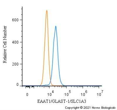 Flow Cytometry: EAAT1/GLAST-1/SLC1A3 Antibody [NB100-1869] - An intracellular stain was performed on Neuro2a cells with SLC1A3 Antibody NB100-1869 (blue) and a matched isotype control NBP2-24891 (orange). Cells were fixed with 4% PFA and then permeabilized with 0.1% saponin. Cells were incubated in an antibody dilution of 1.0 ug/mL for 30 minutes at room temperature, followed by Rabbit IgG (H+L) Cross-Adsorbed Secondary Antibody, Dylight 550 (SA5-10033, Thermo Fisher).