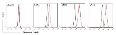 Flow (Intracellular): EBV Latent Membrane Protein 1 Antibody (LMPO24) [NBP2-50383] - Intracellular staining of LMP1 using LMPO24 antibody. NK and T cell lines were fixed and permeabilised with an EBiosciences kit (Cat 88-8824-00) then stained with LMPO24 monoclonal antibody, followed by detection with Alexa Fluor 488 conjugated anti-mouse IgG antibody and analysis by flow cytometry. The histograms show negative control fluorescence staining (black lines) and LMPO24 staining (red lines). MEC04, SNK1, SNK6 and SNT8 are EBV positive tumour cell lines derived from patients with nasal NK/T cell lymphomas. MEC04, SNK1 and SNK6 are NK cell lines, while SNT8 is a T cell line. MEC04 lacks LMP1 expression, SNK1 expresses weak to moderate levels of LMP1, whilst SNK6 and SNT8 express high levels of LMP1.
