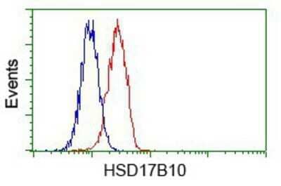 Flow Cytometry: ERAB Antibody (OTI10B4) - Azide and BSA Free [NBP2-70871] - Analysis of Hela cells, using anti-ERAB antibody, (Red) compared to a nonspecific negative control antibody (Blue).