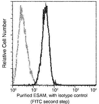 Flow Cytometry: ESAM Antibody (113) [NBP2-89321] - Analysis of human ESMA expression on HUVEC cells. Cells were stained with purified anti-Human ESMA, then a FITC-conjugated second step antibody. The histogram were derived from events with the forward and side light-scatter characteristics of intact cells.