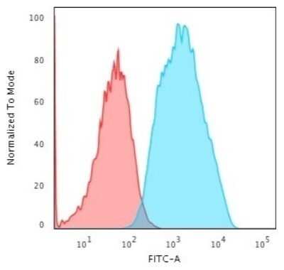 Flow Cytometry: EpCAM/TROP1 Antibody (EGP40/1556R) - Azide and BSA Free [NBP2-54425] - Flow Cytometric Analysis of trypsinised MCF-7 cells using EpCAM/TROP1 Antibody (EGP40/1556R).followed by Goat anti-Rabbit IgG-CF488 (Blue); Isotype Control (Red).