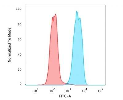 Flow Cytometry: EpCAM/TROP1 Antibody (SPM134) - (ECD) - Azide and BSA Free [NBP2-34398] - Flow Cytometric Analysis of PFA fixed MCF-7 cells using EpCAM/TROP1 antibody (SPM134) - (ECD) followed by Goat anti-mouse IgG-CF488 (Blue); Isotype Control (Red).