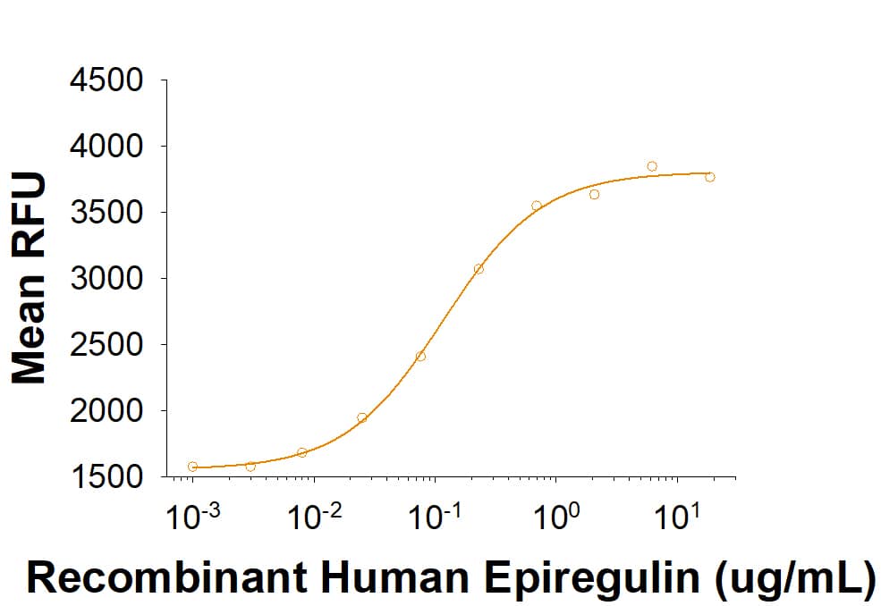 Recombinant Human Epiregulin (Catalog # 1195-EP) stimulates proliferation in the Balb/3T3 mouse embryonic fibroblast cell line. The ED50 is 0.125-0.75 ng/mL.