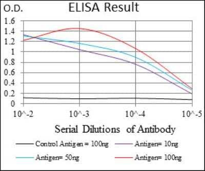 ELISA: Epsin 1 Antibody (6F7F9) [NBP2-52461] - Black line: Control Antigen (100 ng); Purple line: Antigen(10ng); Blue line: Antigen (50 ng); Red line: Antigen (100 ng).