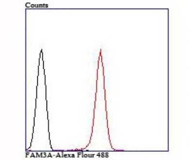 Flow Cytometry: FAM3A Antibody (7-B9) [NBP2-75487] - Analysis of A431 cells with FAM3A antibody at 1/100 dilution (red) compared with an unlabelled control (cells without incubation with primary antibody; black).