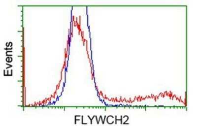 Flow Cytometry: FLYWCH2 Antibody (OTI3G3) - Azide and BSA Free [NBP2-72341] - HEK293T cells transfected with either overexpression plasmid (Red) or empty vector control plasmid (Blue) were immunostaining by anti-FLYWCH2 antibody, and then analyzed by flow cytometry.