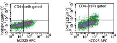 Flow Cytometry: FOXP3 Antibody (3G3) [NBP2-33297PE] - Analysis in human PBMCs stimulated with anti-hCD3 and rhIL-2 for 48 hours using isotype control (left) and NBP2-33297PE (right) at 0.1 ug/10^6 cells. Products used:  anti-CD4 FITC conjugate, anti CD25 APC conjugate, anti FOXP3 PE conjugate (NBP2-33297PE).