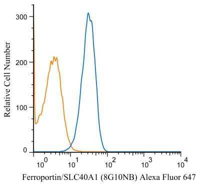 Flow Cytometry: Ferroportin/SLC40A1 Antibody (8G10NB) [Alexa Fluor® 647] [NBP2-45356AF647] - An intracellular stain was performed on HepG2 cells with Ferroportin/SLC40A1 Antibody (8G10NB) [Alexa Fluor(R) 647] (blue) and a matched isotype control (orange). Cells were fixed with 4% PFA and then permeablized with 0.1% saponin. Cells were incubated in an antibody dilution of 2 ug/mL for 30 minutes at room temperature. Both antibodies were conjugated to Alexa Fluor 647.