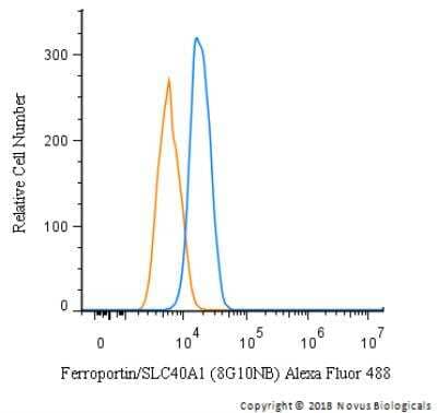 Flow Cytometry: Ferroportin/SLC40A1 Antibody (8G10NB) [Alexa Fluor® 488] [NBP2-45356AF488] - An intracellular stain was performed on HepG2 cells with Ferroportin/SLC40A1 Antibody (8G10NB) [Alexa Fluor(R) 488] (blue) and a matched isotype control (orange). Cells were fixed with 4% PFA and then permeablized with 0.1% saponin. Cells were incubated in an antibody dilution of 10 ug/mL for 30 minutes at room temperature. Both antibodies were conjugated to Alexa Fluor 488.