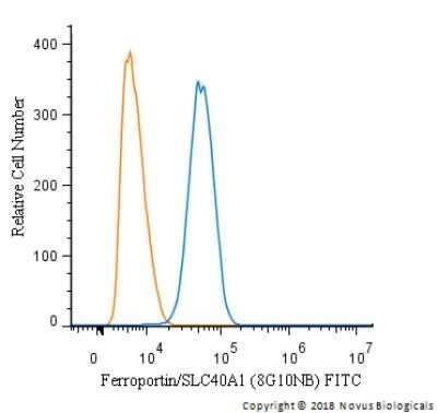 Flow Cytometry: Ferroportin/SLC40A1 Antibody (8G10NB) - Azide Free [NBP2-45357] - An intracellular stain was performed on HepG cells with NBP2-45356F (blue) and a matched isotype control (orange). Cells were fixed with 4% PFA and then permeabilized with 0.1% saponin. Cells were incubated in an antibody dilution of 5 ug/mL for 30 minutes at room temperature. Both antibodies were directly conjugated to FITC..