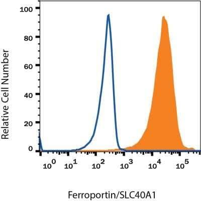 Flow Cytometry: Ferroportin/SLC40A1 Antibody (8G10NB) - Azide Free [NBP2-45357] - Detection of Ferroportin/SLC40A1 in HEK293 human cell line transfected with human Ferroportin/SLC40A1. HEK293 human embryonic kidney cell line transfected with human Ferroportin/SLC40A1 (filled histogram) or irrelevant transfectants (open histogram) were stained with Mouse Ferroportin/SLC40A1 Antibody (8G10NB) followed by APC-conjugated Anti-mouse IgG Secondary Antibody (R&D Systems Catalog # F0101B). Image from the standard format of this antibody.